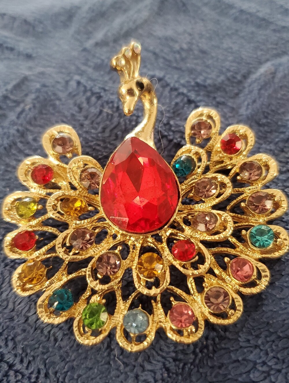 Vintage Gold Multicolor Rhinestone Figural Peacock Brooch Statement Pin